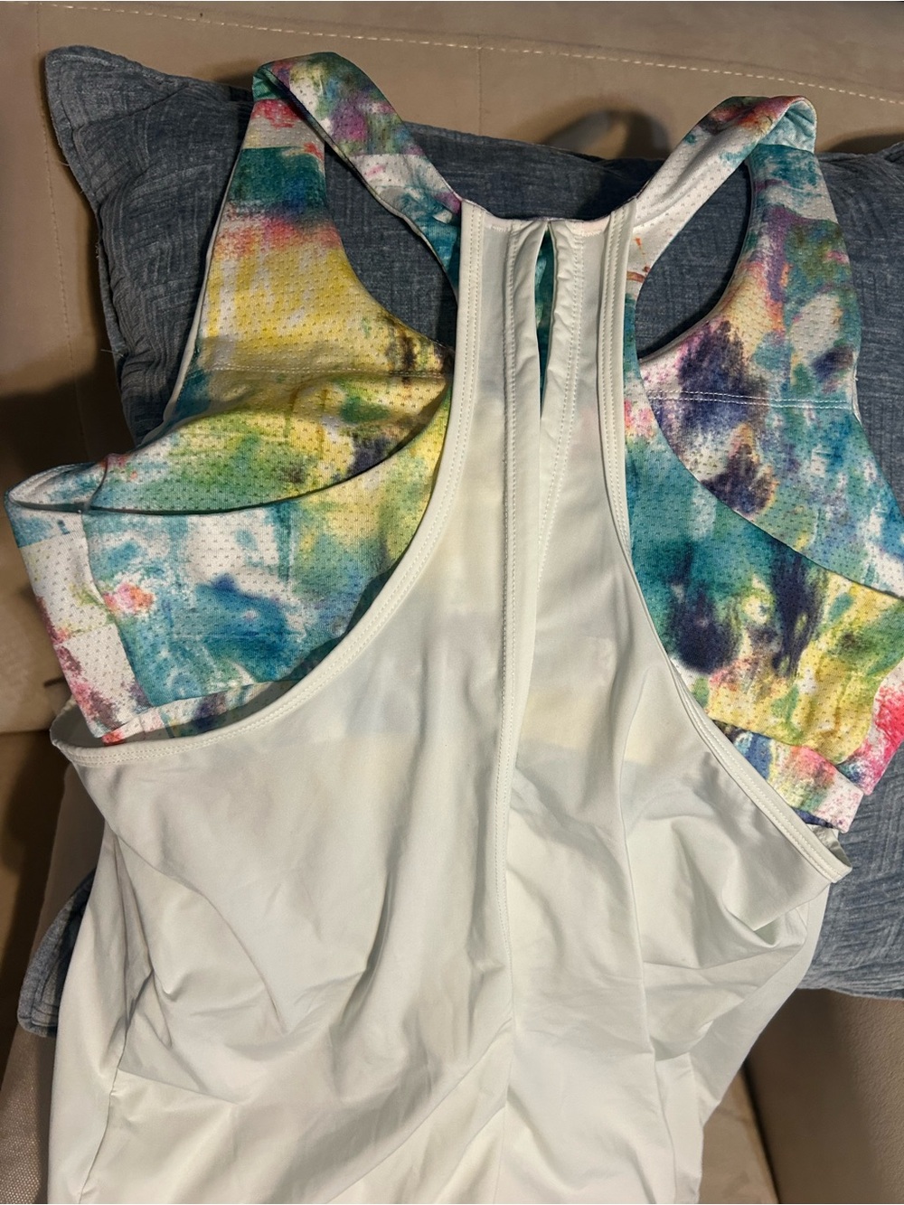 Fila White Racerback Tank with Multicolor Tie-Dye Accents